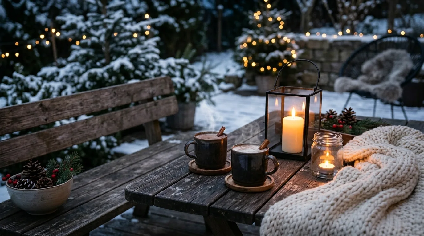 Use outdoor blankets and pillows to soften the seating inspiration for an outdoor winter patio.